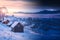 Alpine ukrainian village at night. Day and night