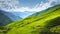 Alpine valley landscape. Scenery mountains on sunny bright day. Mountain landscape in Svaneti region of Georgia. Scenic Caucasus