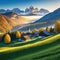 alpine village on the hill and snowy mountains in Background and the alpine meadow and pasture from the three stage