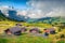 Alpine wooden farmhouses and mountain farmland, Grindelwald, Bernese Oberland, Switzerland