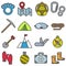 Alpinism.Equipment and outfit for rock climbing set color icons in flat style.
