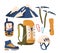 Alpinist Equipment Encompasses Climbing Essentials, Ice Axes, Harnesses, Ropes, Carabiners, And Helmet, Backpack