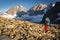 Alpinist looking at mountains ridge view