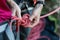 Alpinist tying a rope on his climbing equipment