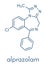 Alprazolam sedative and hypnotic drug benzodiazepine class molecule. Skeletal formula.