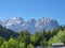 Alps Adria - Scenic view of mountain peak Mangart in Julian Alps at Slovenia Italy boarder seen from Alpe Adria