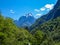 Alps Adria - Scenic view of mountain peak Mangart in Julian Alps at Slovenia Italy boarder seen from Alpe Adria