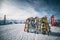 Alps France January 19th 2020: Ski stand at La Plagne ski resort, French Alps, Tarentaise, France, Europe