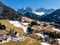 Alps mountain Santa Maddalena village with Dolomites in background, Trentino Alto Adige region, Funes valley, Italy.