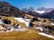 Alps mountain Santa Maddalena village with Dolomites in background, Trentino Alto Adige region, Funes valley, Italy.