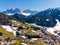 Alps mountain Santa Maddalena village with Dolomites in background, Trentino Alto Adige region, Funes valley, Italy.