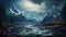 Alps Snow Mountains and Floating River Moody Landscape Background AI Generative