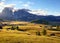 Alps sunrise green mountain panorama landscape, Alpe di Siusi