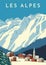 Alps travel retro poster, vintage banner. Mountain village of Austria, winter landscape of Switzerland. Flat vector illustration