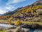 Alps village with tradtional wooden chalets in autumn