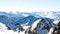 Alps in winter day, Austria, Stubai, Stubaier Gletscher ski resort. Beautiful mountain view