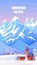 Alps winter poster. Vintage cartoon banner with high snowy peaks of Alps in Austria or Switzerland. Vector ski resort