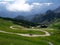 Alpspitze hill - walking uphill hiking path and a parachutte - sunny day in upper bavarian mountains