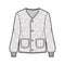 ALS 92 field jacket liner technical fashion illustration with oversized, long sleeves, oval patch pockets, quilted shell
