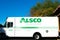 Alsco service vehicle parked at customer business. Alsco, a private company, is a linen and uniform rental business service
