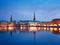 Alster Lake and night panorama of Hamburg city