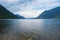 Altai mountains in the fog, Teletskoye Lake during the impending rain.