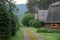 Altai village in the mountains in the morning. Village red cat sits on a country road