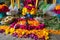 An altar for Day of the Dead Dia de Muertos celebrations, prehispanic altar,clay pot for burning incense