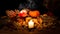 Altar of a pagan witch. Female hands with sharp red nails burn a dry herb in the candle fire. Pumpkin, nuts, dead leaves