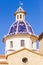 Altea, Spain - March 9 2018: Dome and tower of the Virgin of the Consol church in Altea, Spain