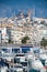 Altea village in alicante with marina boats foreground