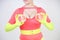 Alternative caucasian girl with short hair dressed in sporty red spandex bodysuit and bright tights with green neon gloves. curvac