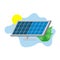 Alternative clean green energy, sustainability concept. Photovoltaic solar panel, plant leaves and sun isolated on white