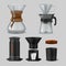 Alternative coffee. Realistic glass flasks for filter coffee brewing methods hario V60, airpress and chemex. Vector