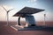 Alternative energy concept, futuristic solar station and wind urbines