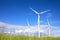 Alternative energy source. Wind turbines in field under sky, low angle view