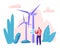 Alternative Energy Sources Concept with Wint Turbines and Worker Character. Environment Power Technology Renewable Energy