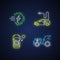 Alternative energy transport neon light icons set