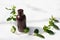 Alternative health care fresh herbal Bottle with green leaves on white textured background