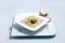 Alternative Hero Shot of a Mushroom Soup with bread crumbs, oregano on a minimal white background with a 45 degree angle