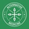 Alternative medecine icon with cross and leaves .Isolated on green background.