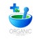 Alternative medical logo with mortar, pestle and blue cross, leaves. Natural therapy sign for identity, concept