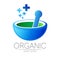 Alternative medical logo with mortar, pestle and few blue cross. Natural therapy sign for identity, concept, business