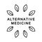 Alternative medicine poster. Text and leaf decor. Linear icon of herbal medicines. Black illustration for homeopathy, naturopathy