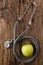 Alternative medicine - stethoscope and green apple on wood table top view . Medical background. Concept for diet, healthcare