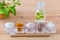 Alternative natural mouthwash with mint, toothpaste xylitol or soda, turmeric - curcuma, himalayan salt, clay or ash, coconut oil