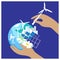 Alternative renewable energy. Safe environment. Solar panel, wind turbines, tidal turbine. Earth in hands. Simple flat design