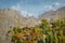 Altit fort on hill top against snow capped Ultar Sar mountain peak in Karakoram range