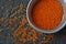 Aluminium dish with red lentil on a dark background with assorted lentil