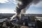 aluminium smelter, with towering smoke plume and flames leaping from stacks